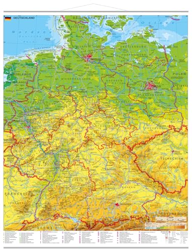 Deutschland physisch mit UNESCO-Welterbestätten und Nationalparks - Wandkarte mit Metallbeleistung NEUE AUFLAGE